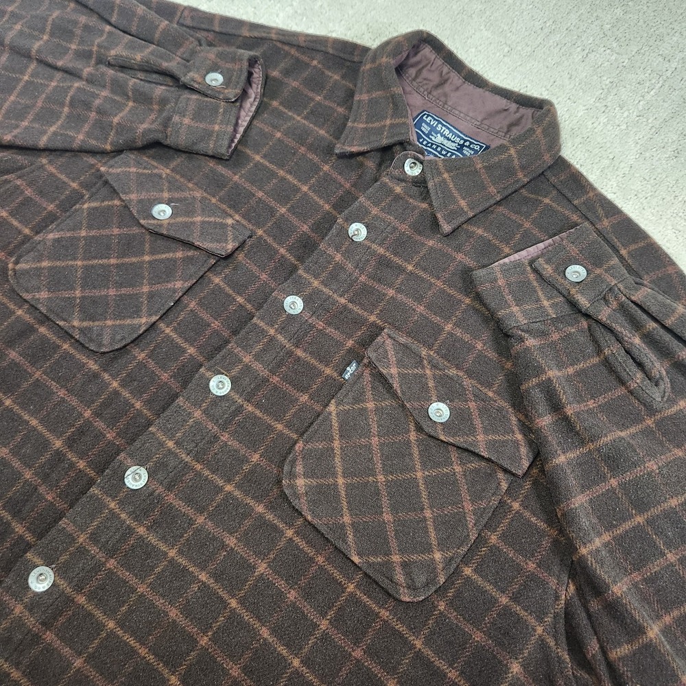Vintage Levis Shirt Men XL Wool Blend Windowpane Plaid Brown 90s Metal Button